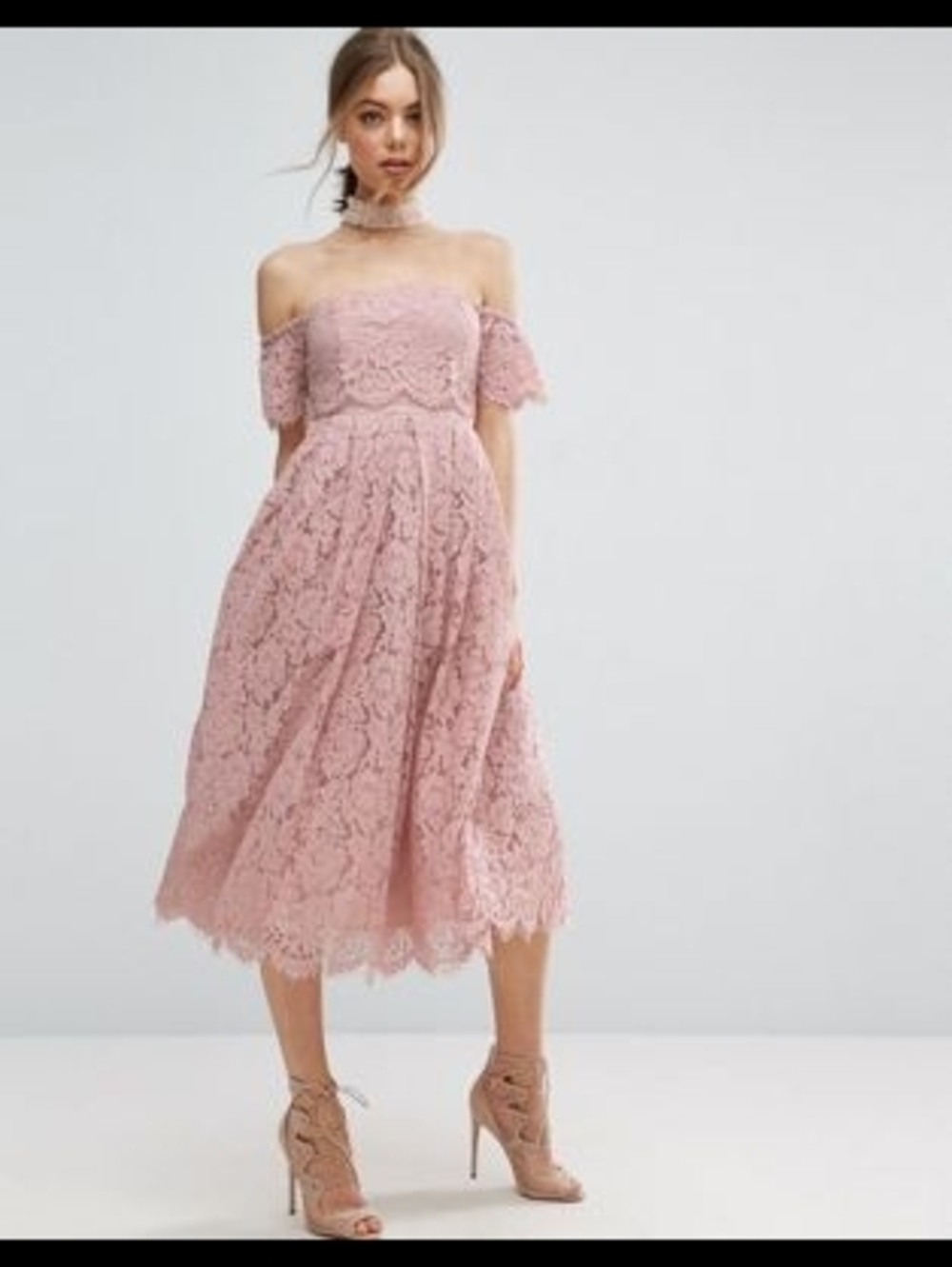 Off-Shoulder Bardot Dusty Rose Lace Midi Dress